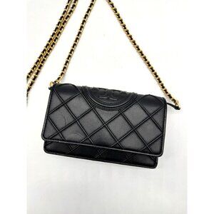 TORY BURCH Fleming soft leather wallet on chain crossbody bag clutch -Black